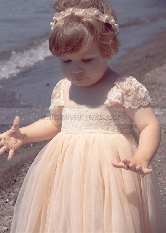 Cap Sleeves Champagne Lace Tulle Long Beach Flower Girl Dress Cap Sleeves Champagne Lace Tulle Long Beach Flower Girl Dress